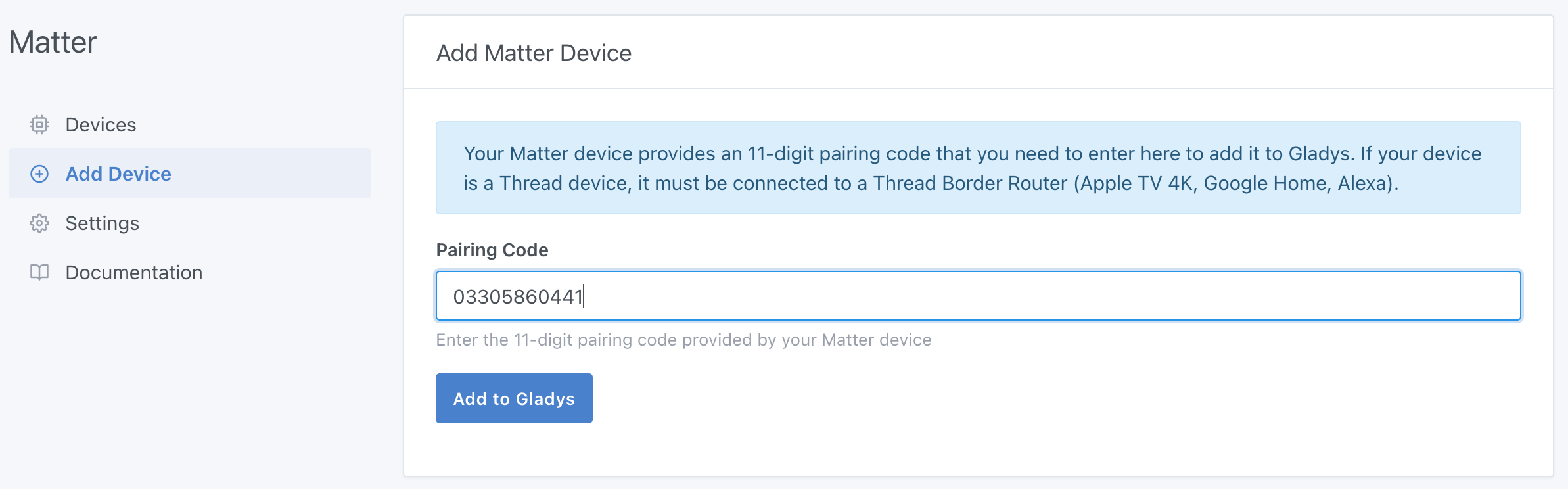Gladys add pairing code