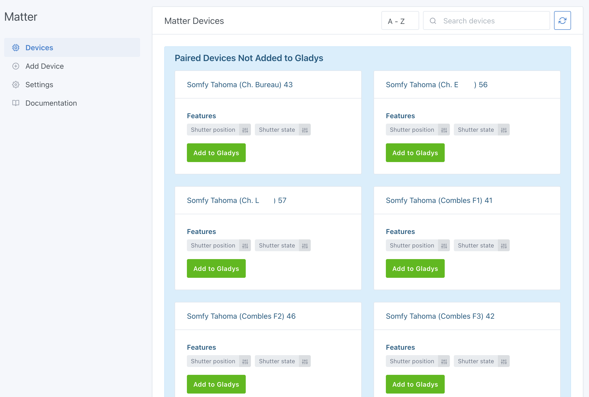 Gladys list Matter devices