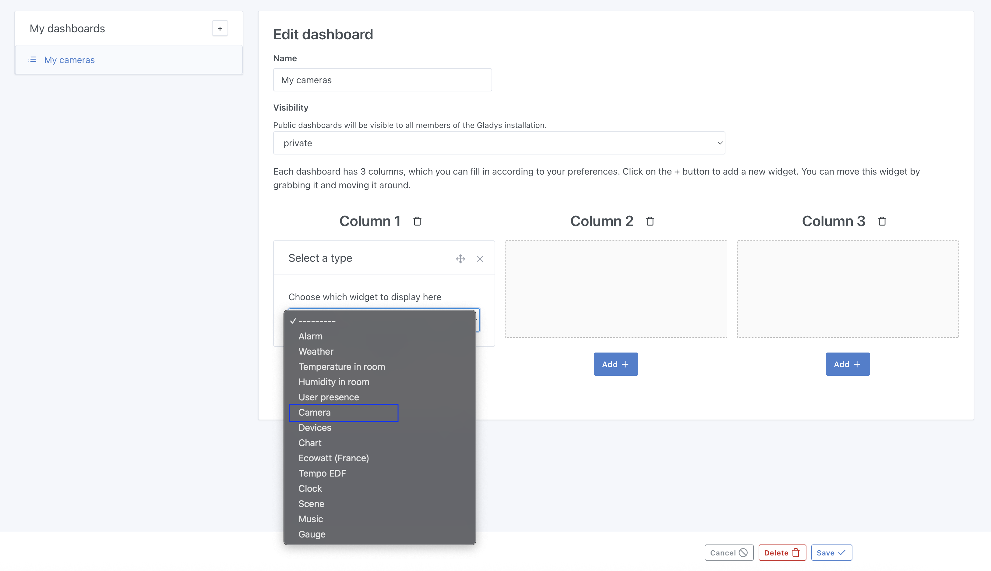 Add the camera widget to Gladys
