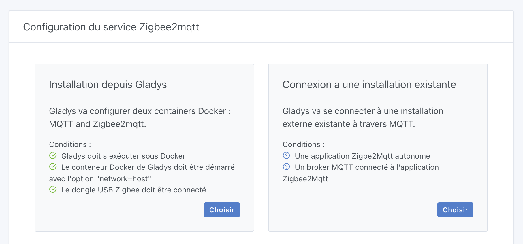 Gladys choix mode Zigbee2mqtt