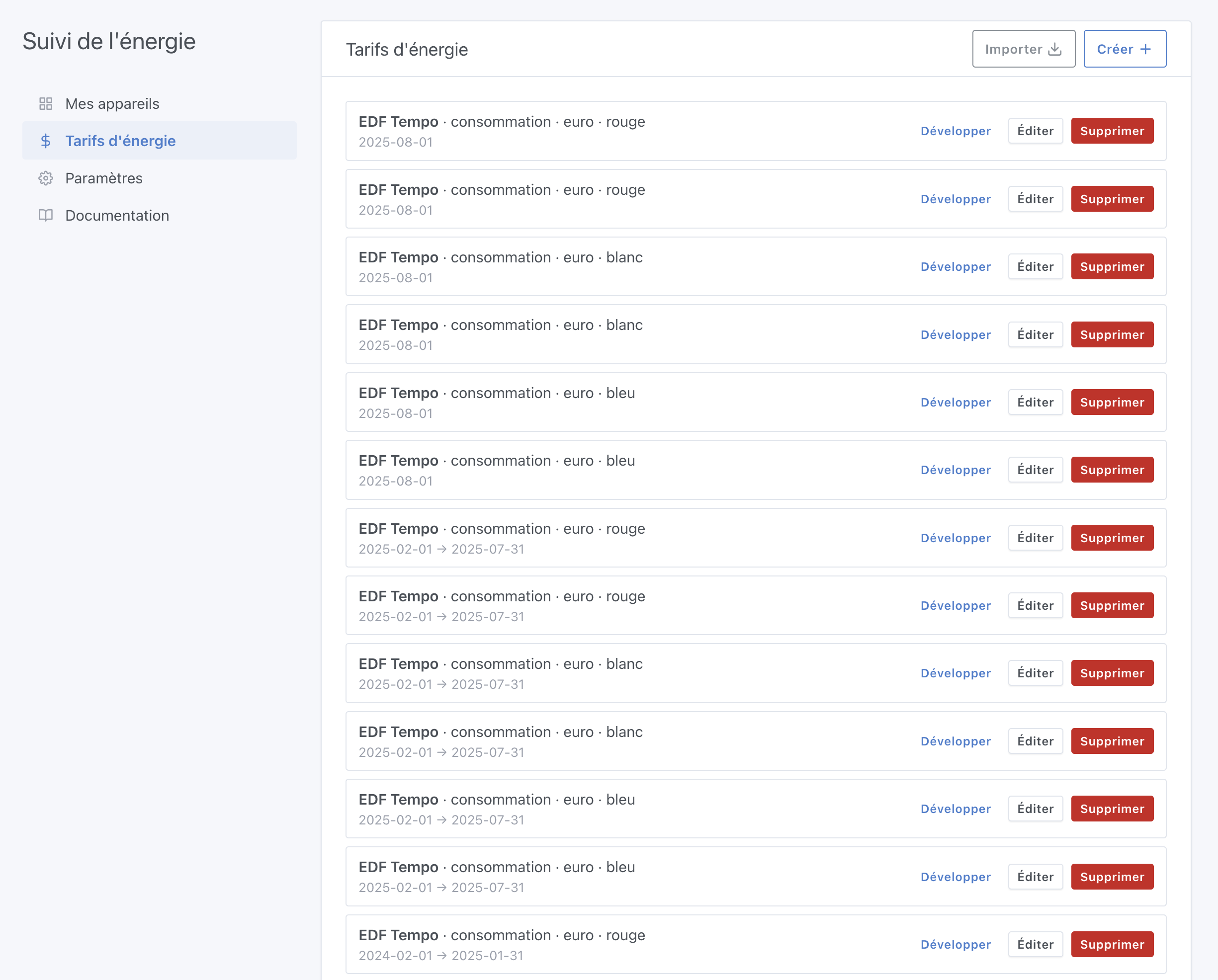Suivi de l'énergie liste de prix tempo